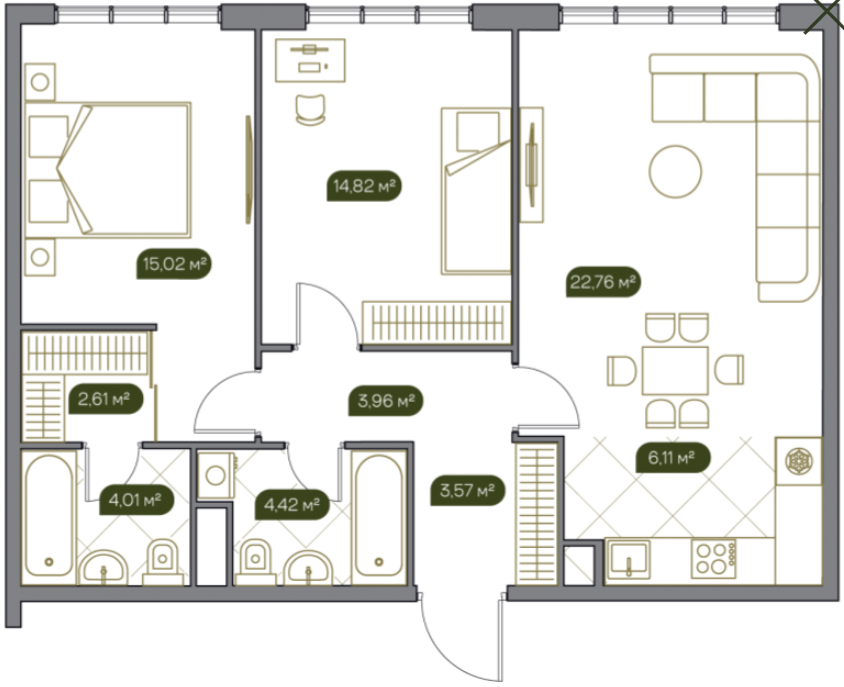 Планировка Квартира с 3 спальнями 77.6 м2 в ЖК West Garden