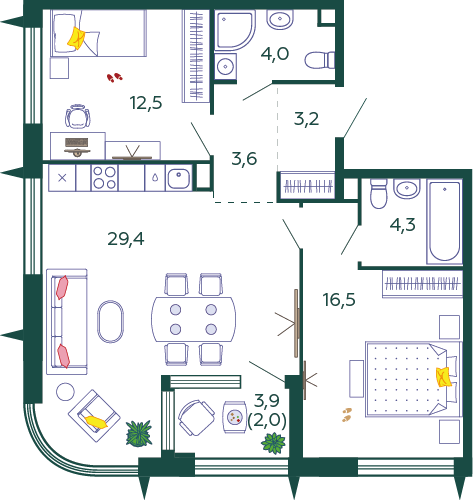 Планировка Квартира с 2 спальнями 75.5 м2 в ЖК Shagal
