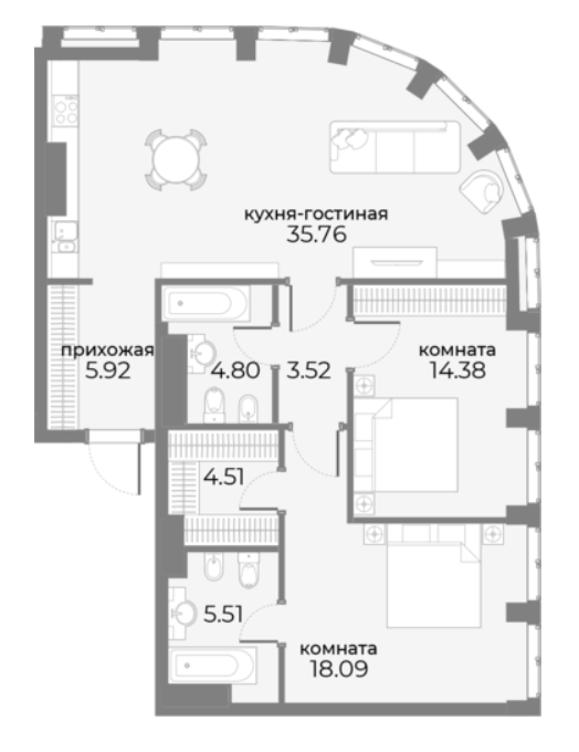 Апартаменты с 2 спальнями 92.66 м2 в ЖК Sky View