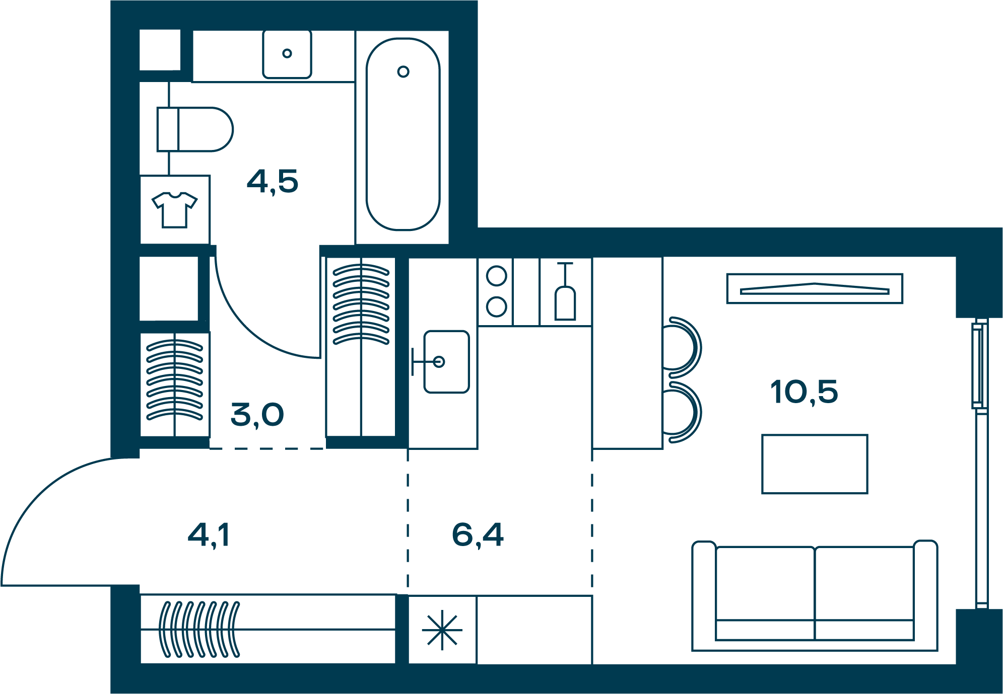 Планировка Квартира с 1 спальней 28.5 м2 в ЖК Soul