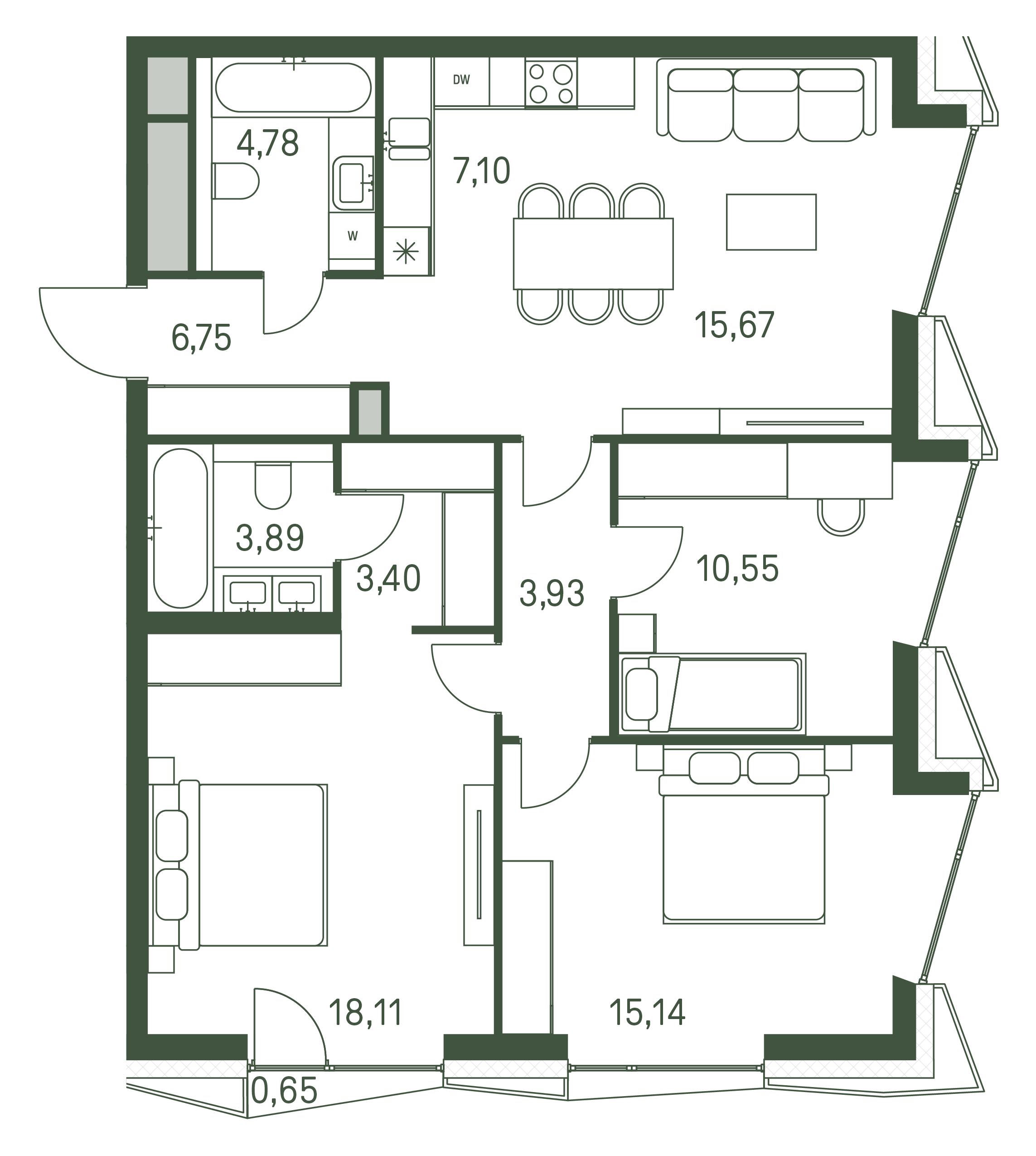 Планировка Квартира с 3 спальнями 89.52 м2 в ЖК Moments