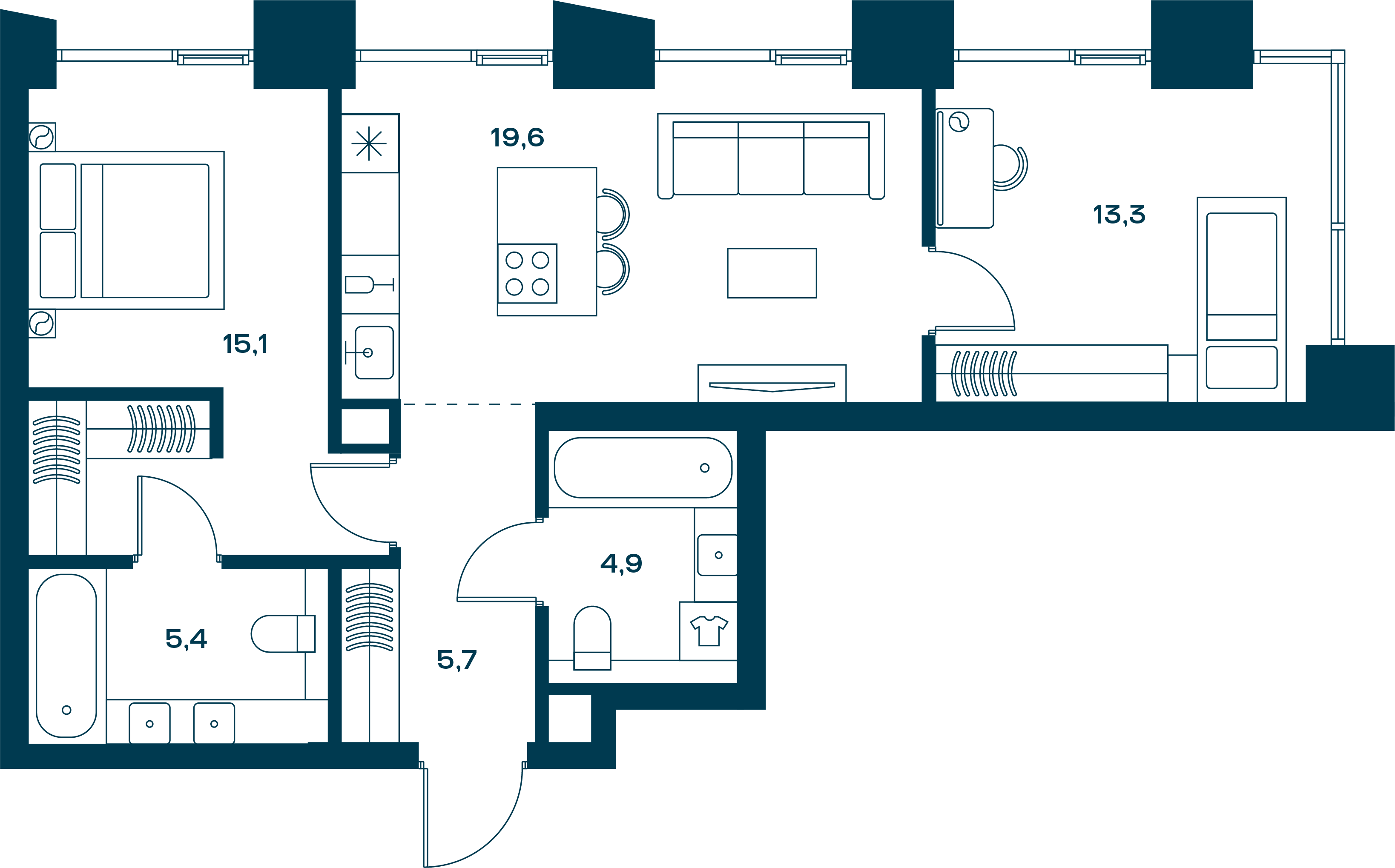 Планировка Квартира с 2 спальнями 64 м2 в ЖК Soul