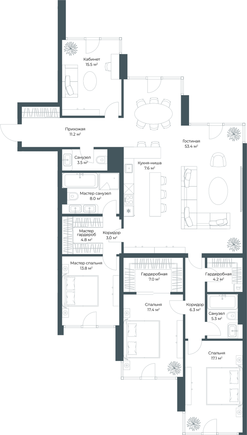 Планировка Квартира с 4 спальнями 178.6 м2 в ЖК Opus