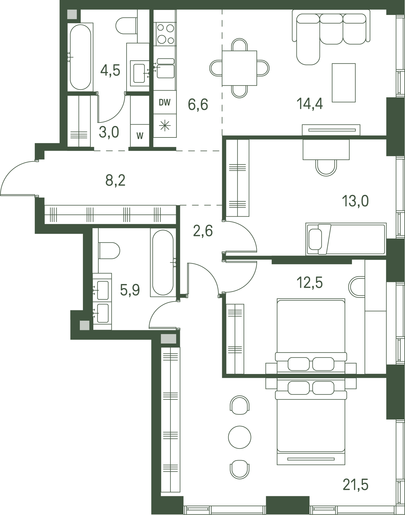 Планировка Квартира с 3 спальнями 92.4 м2 в ЖК Moments