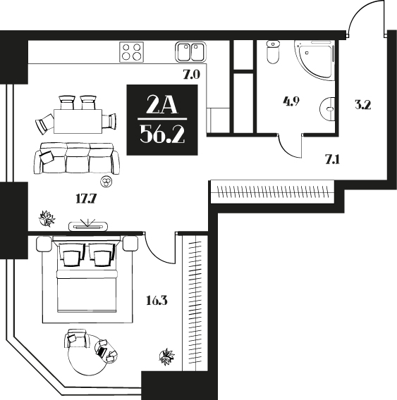 Апартаменты с 1 спальней 56.2 м2 в ЖК Deco Residence
