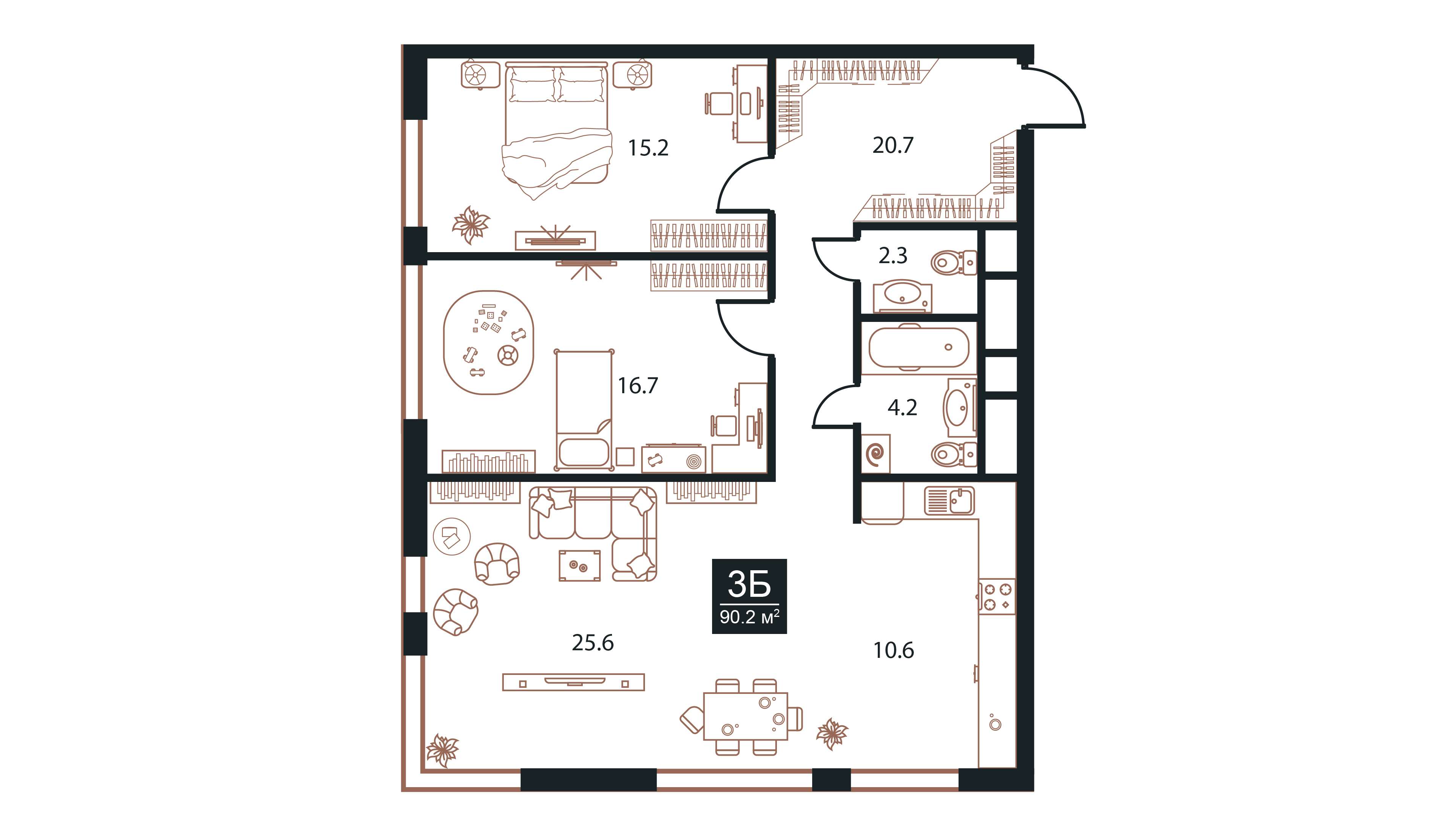 Планировка Апартаменты с 2 спальнями 90.2 м2 в ЖК West Tower