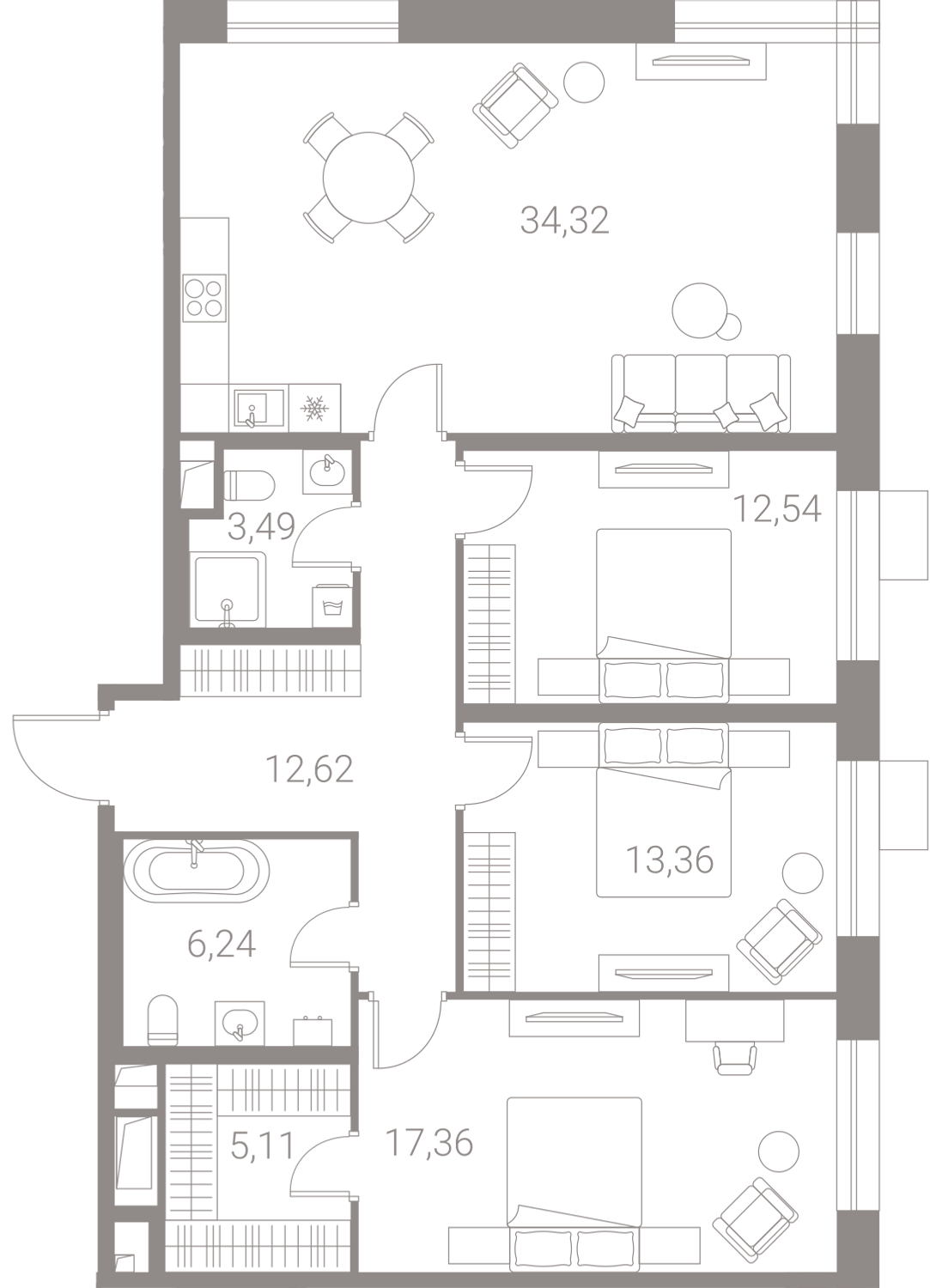 Планировка Квартира с 3 спальнями 105 м2 в ЖК Life Варшавская