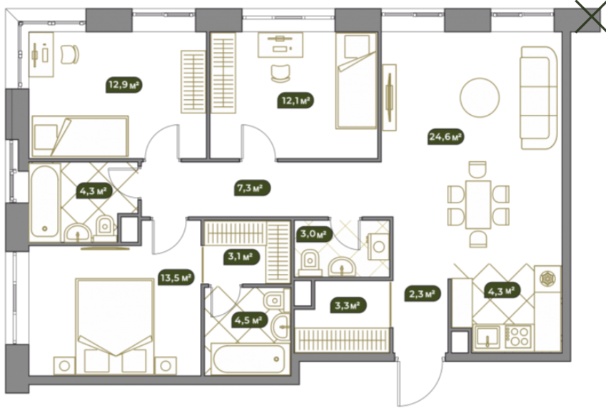 Планировка Квартира с 4 спальнями 95.4 м2 в ЖК West Garden
