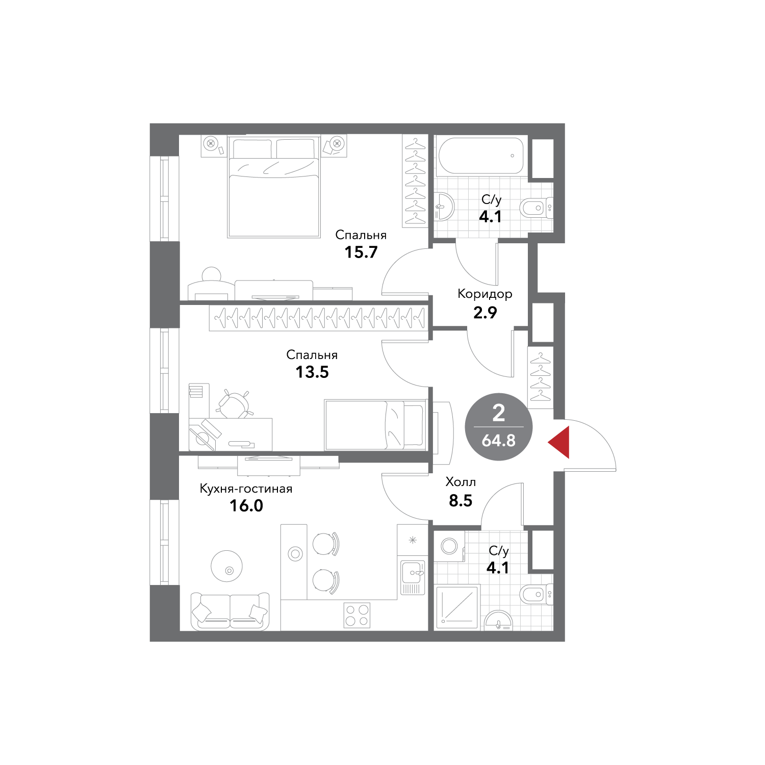 Планировка Квартира с 2 спальнями 65.1 м2 в ЖК Voxhall