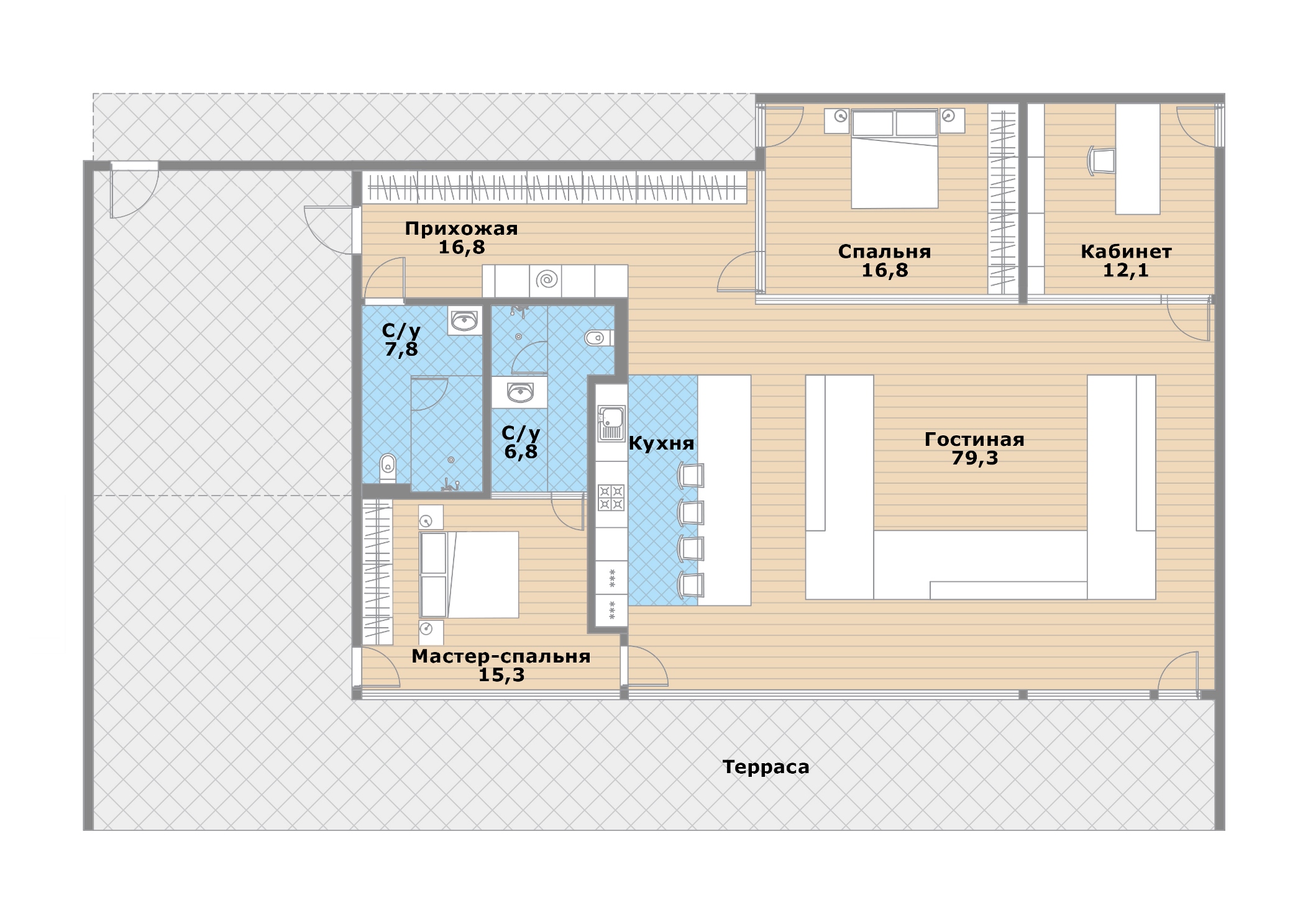 Планировка Домовладение с 2 спальнями 270 м2 в посёлке Путилково