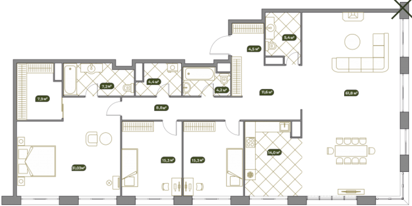 Планировка Квартира с 4 спальнями 192.3 м2 в ЖК West Garden