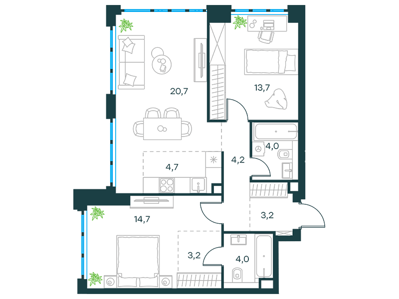 Планировка Квартира с 2 спальнями 72.6 м2 в ЖК Level Южнопортовая