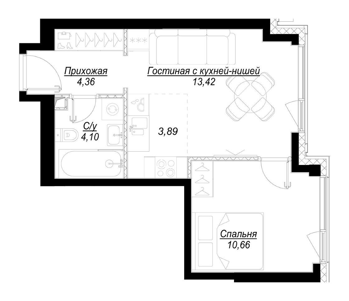 Планировка Квартира с 1 спальней 36.52 м2 в ЖК Hide