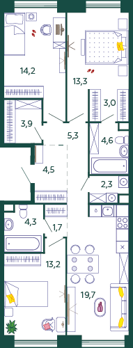 Планировка Квартира с 3 спальнями 90 м2 в ЖК Shagal