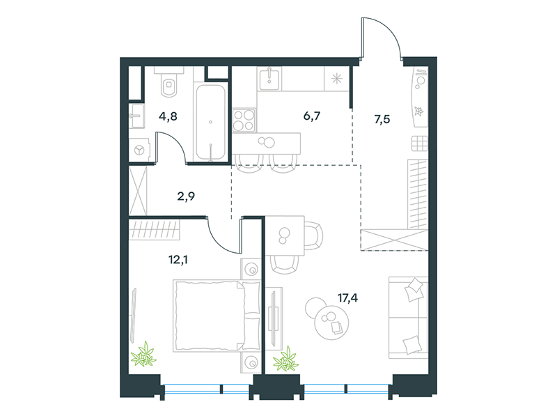 Планировка Квартира с 1 спальней 51.4 м2 в ЖК Level Академическая