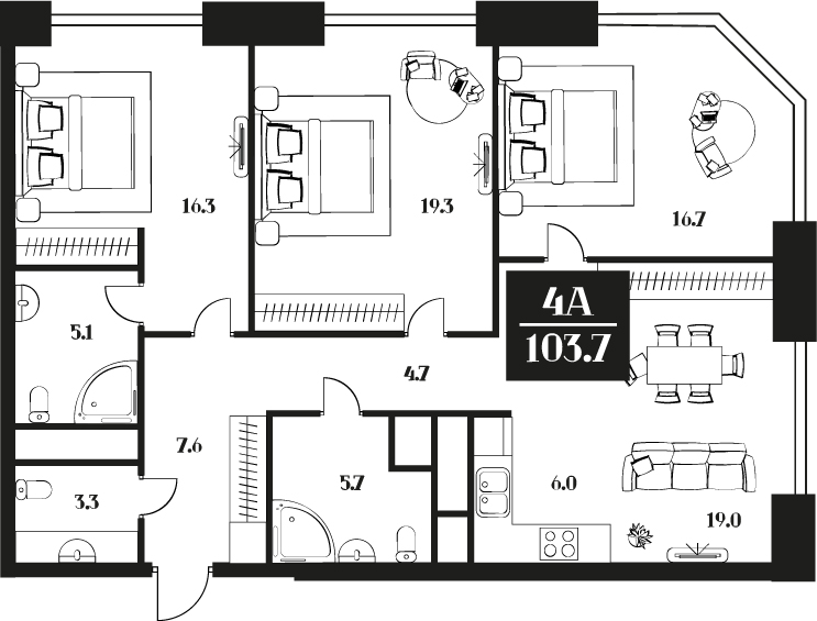 Планировка Апартаменты с 2 спальнями 103.7 м2 в ЖК Deco Residence