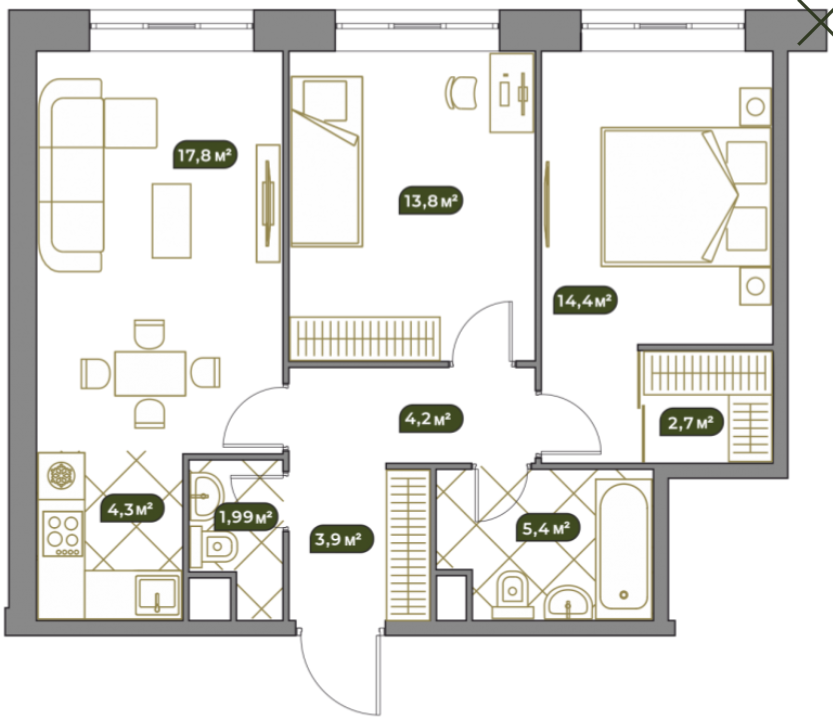 Планировка Квартира с 3 спальнями 68.5 м2 в ЖК West Garden