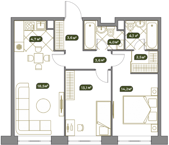 Планировка Квартира с 3 спальнями 68.6 м2 в ЖК West Garden