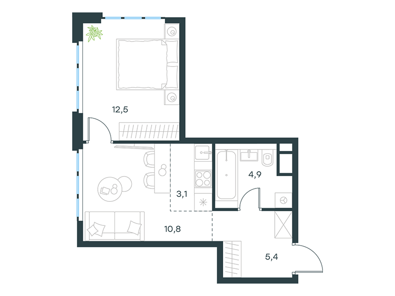 Апартаменты с 1 спальней 36.7 м2 в ЖК Level Южнопортовая
