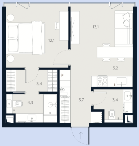 Планировка Апартаменты с 1 спальней 43.2 м2 в ЖК Logos