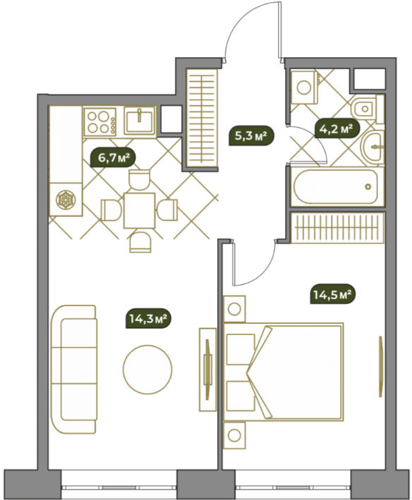 Планировка Квартира с 2 спальнями 45 м2 в ЖК West Garden