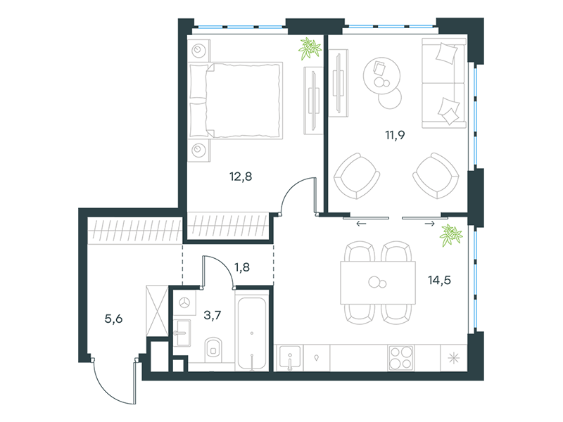 Апартаменты с 1 спальней 50.3 м2 в ЖК Level Южнопортовая