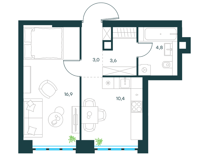 Планировка Квартира с 1 спальней 38.7 м2 в ЖК Level Южнопортовая