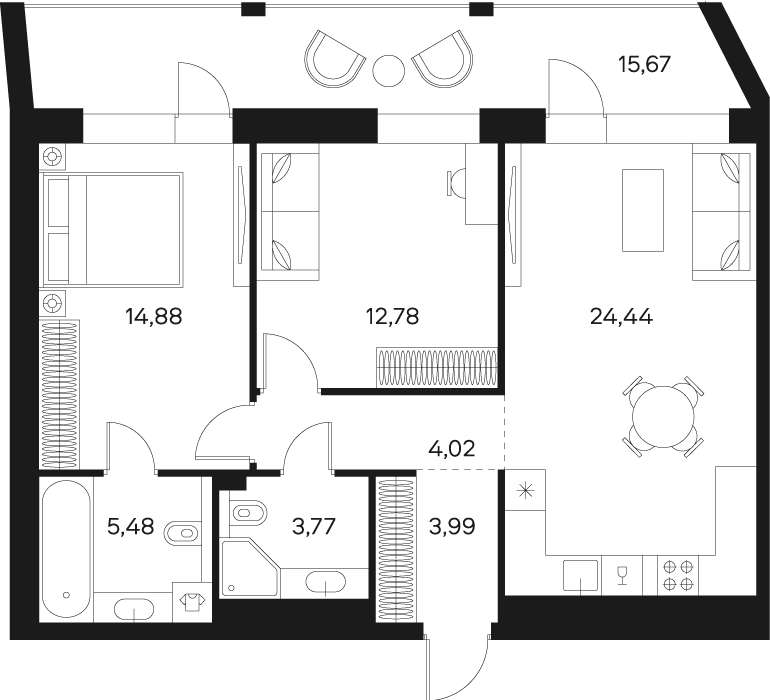 Планировка Квартира с 2 спальнями 77.19 м2 в ЖК Forst