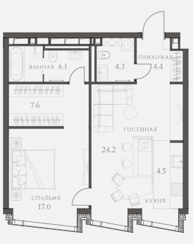 Планировка Апартаменты с 1 спальней 68.9 м2 в ЖК AHEAD