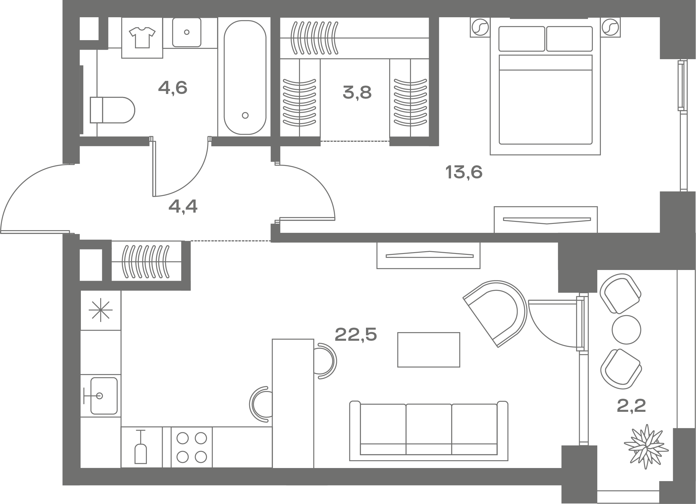 Планировка Квартира с 1 спальней 51.1 м2 в ЖК Soul