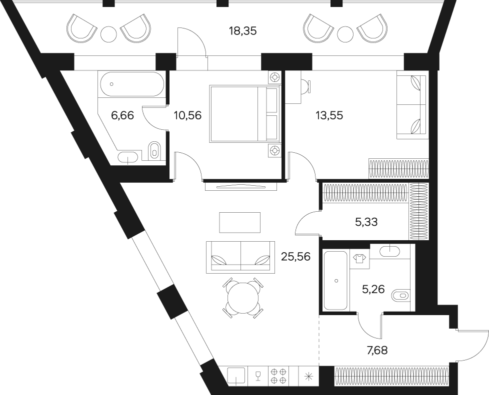 Планировка Квартира с 2 спальнями 84.14 м2 в ЖК Forst