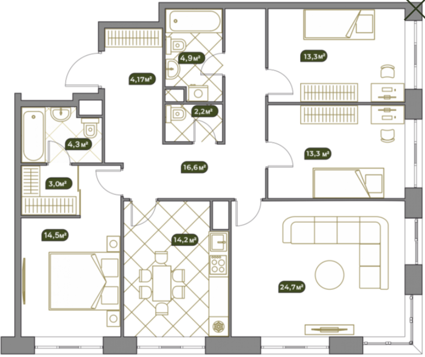 Планировка Квартира с 4 спальнями 115.7 м2 в ЖК West Garden