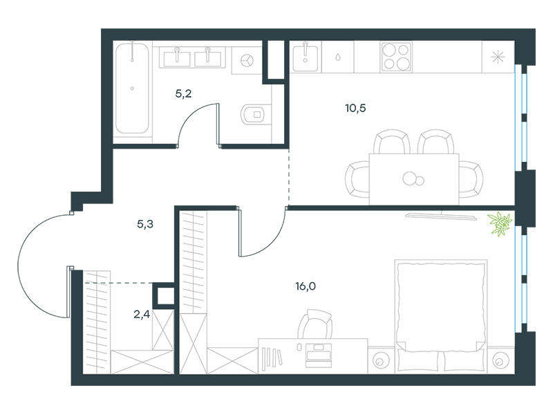 Планировка Квартира с 1 спальней 39.4 м2 в ЖК Level Южнопортовая