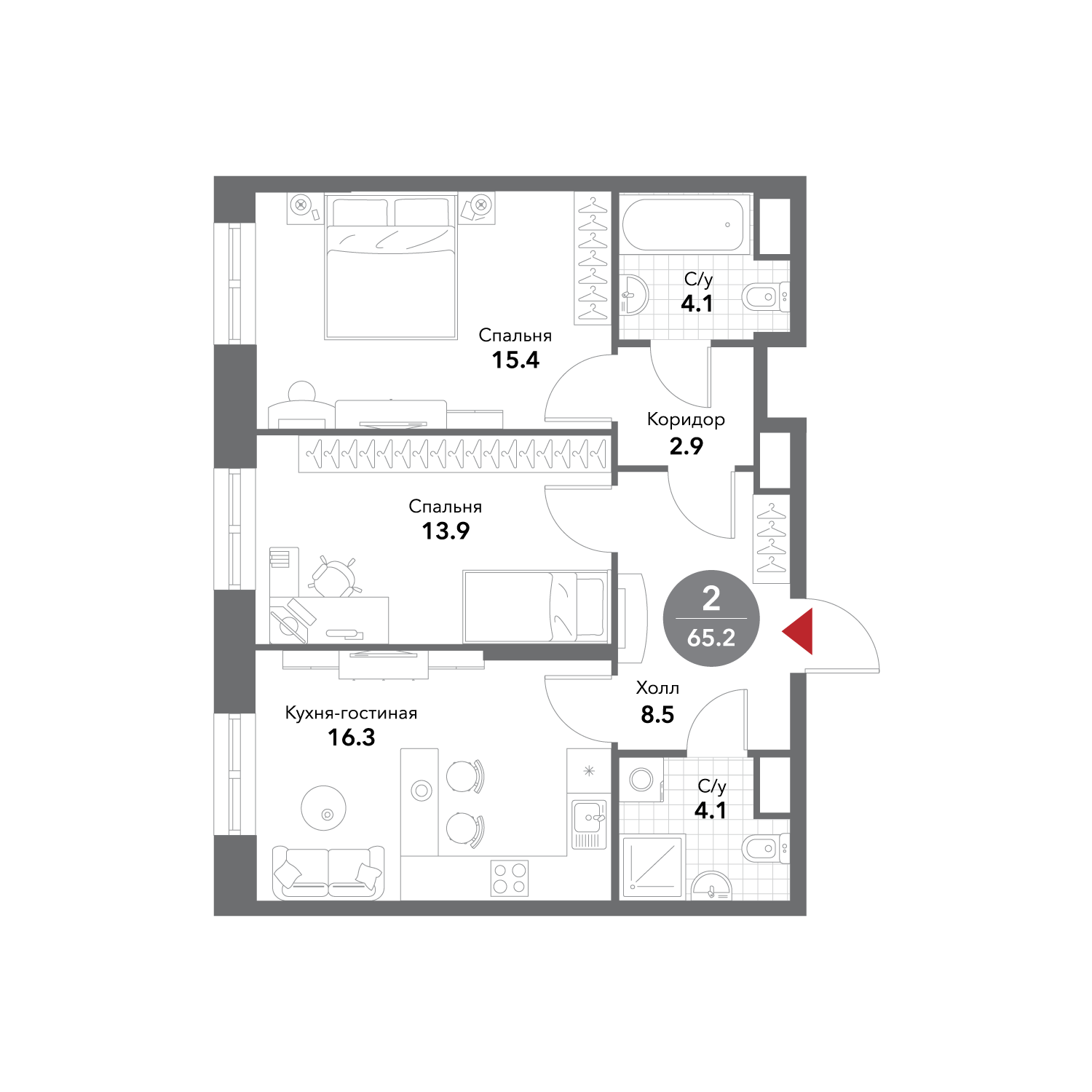 Планировка Квартира с 2 спальнями 65.3 м2 в ЖК Voxhall
