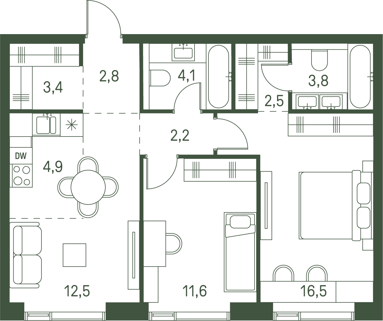 Планировка Квартира с 2 спальнями 64.3 м2 в ЖК Moments
