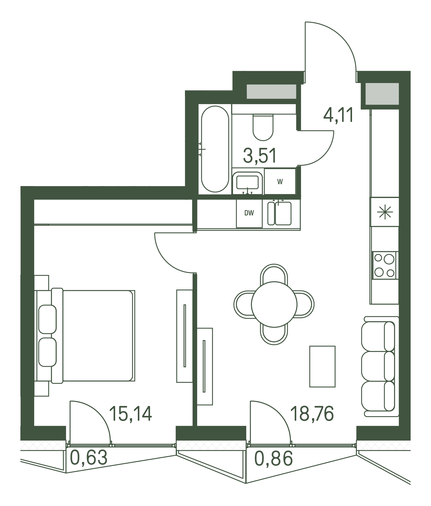 Планировка Квартира с 1 спальней 41.97 м2 в ЖК Moments