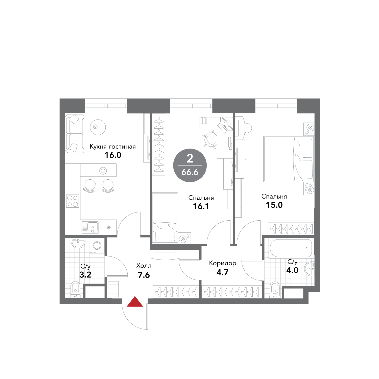 Планировка Квартира с 2 спальнями 66.7 м2 в ЖК Voxhall