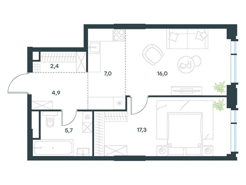 Планировка Квартира с 1 спальней 53.3 м2 в ЖК Level Академическая
