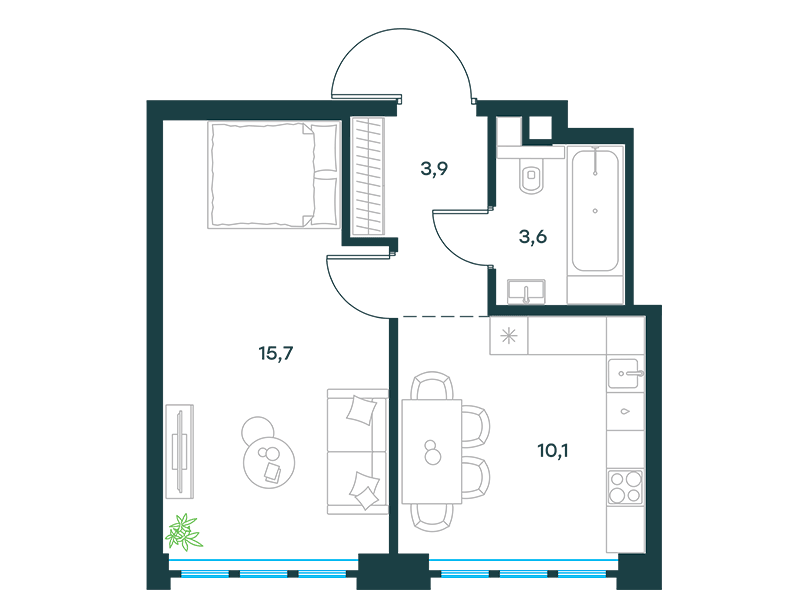 Планировка Квартира с 1 спальней 33.3 м2 в ЖК Level Южнопортовая