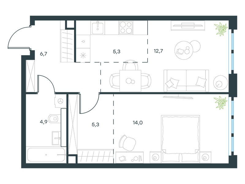 Планировка Квартира с 1 спальней 48.9 м2 в ЖК Level Южнопортовая