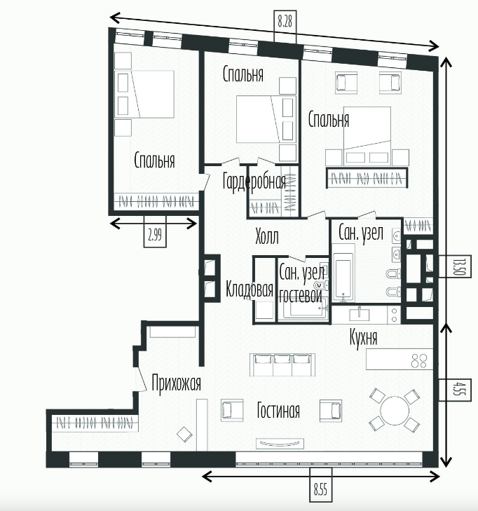 Планировка Квартира с 3 спальнями 143.4 м2 в ЖК Artisan
