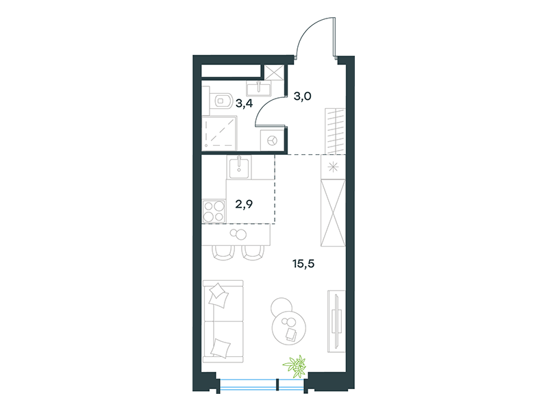 Планировка Квартира с 1 спальней 24.8 м2 в ЖК Level Академическая