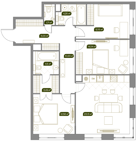 Планировка Квартира с 3 спальнями 91.6 м2 в ЖК West Garden