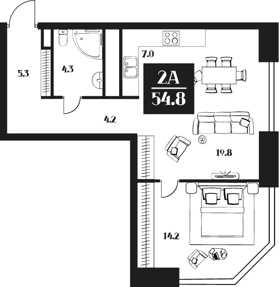 Апартаменты с 1 спальней 54.8 м2 в ЖК Deco Residence