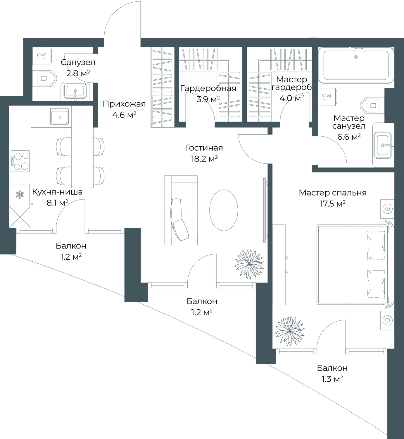 Планировка Квартира с 1 спальней 69.5 м2 в ЖК Opus