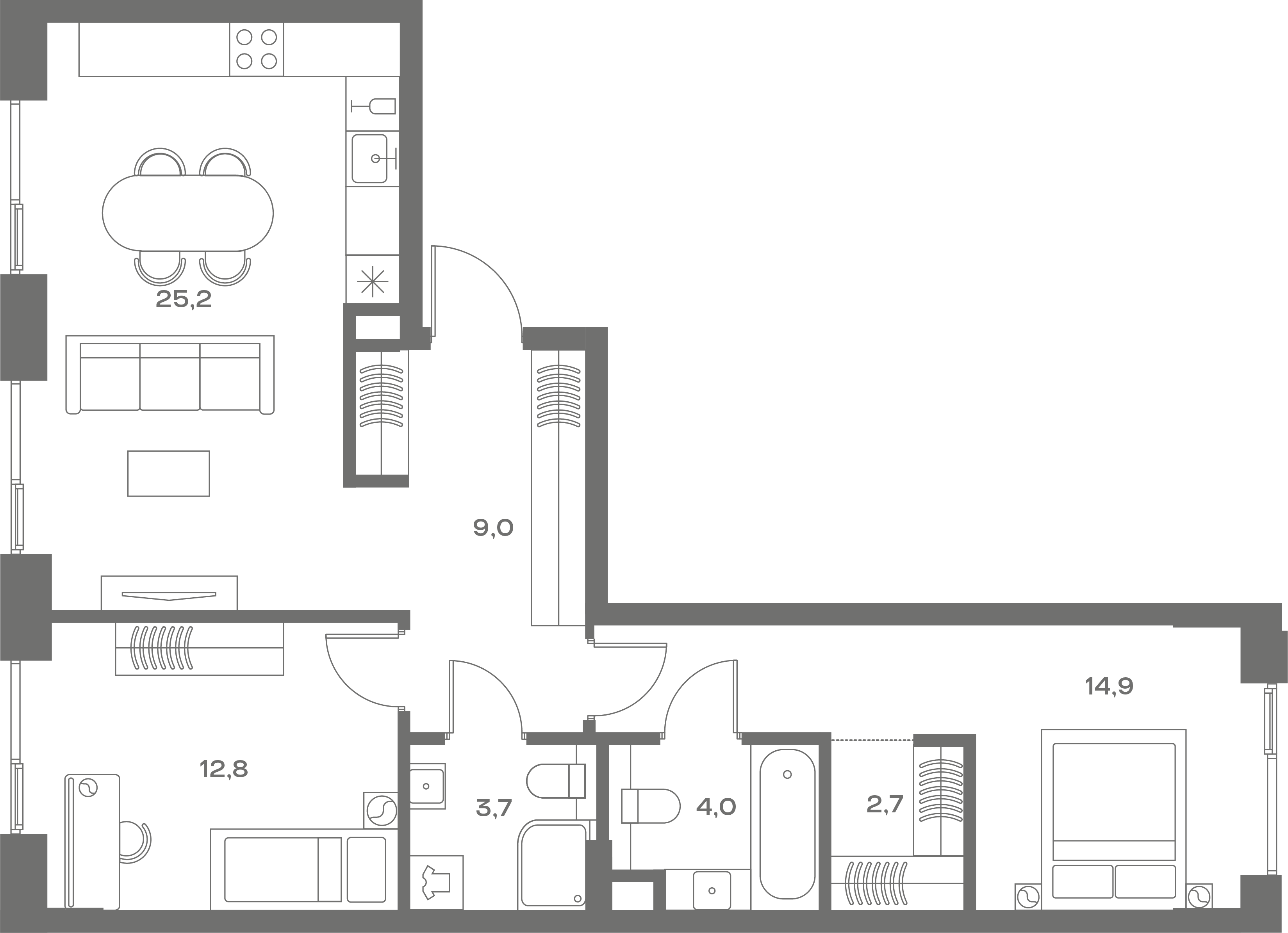 Планировка Квартира с 2 спальнями 72.3 м2 в ЖК Soul