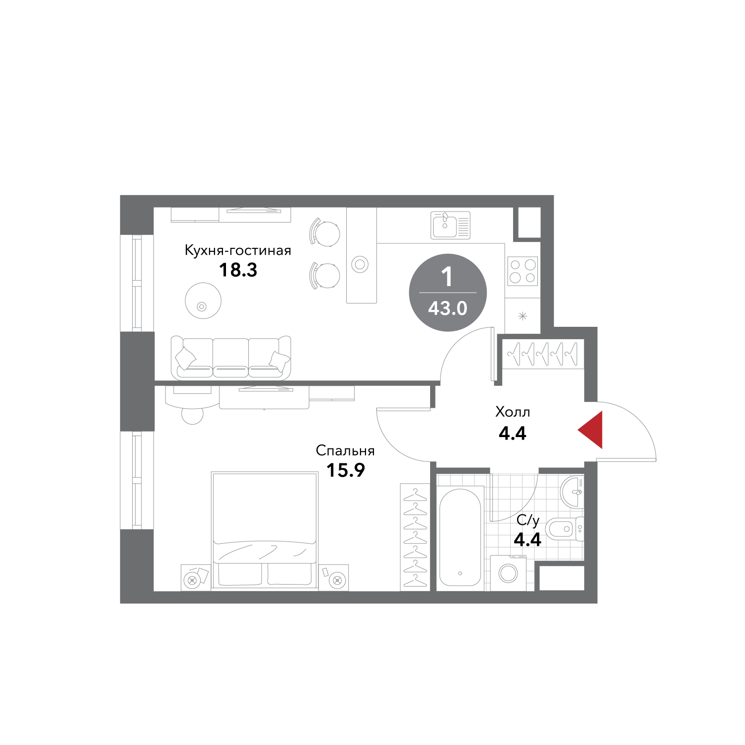 Планировка Квартира с 1 спальней 43.2 м2 в ЖК Voxhall