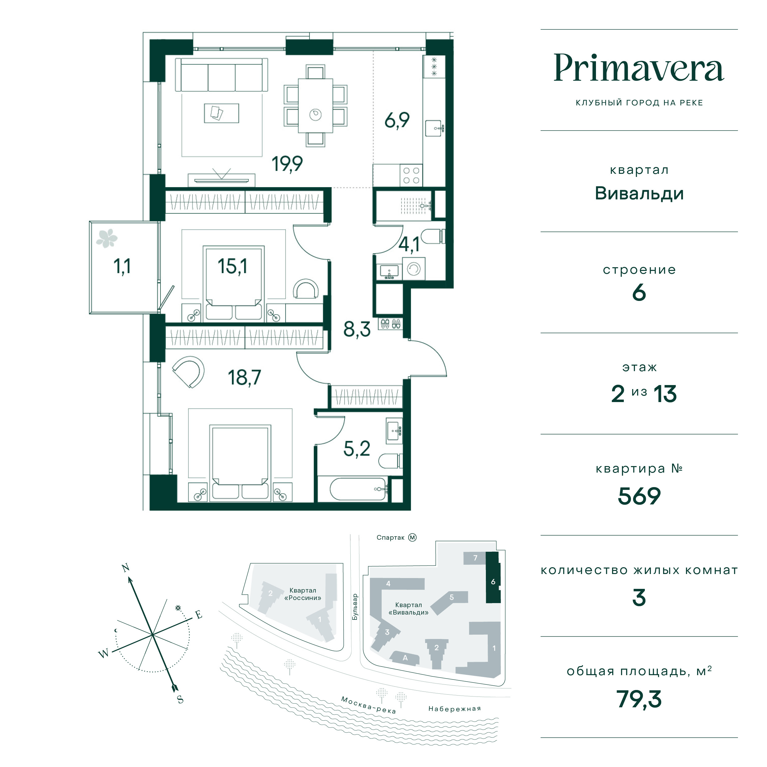 Планировка Квартира с 2 спальнями 79.3 м2 в ЖК Primavera