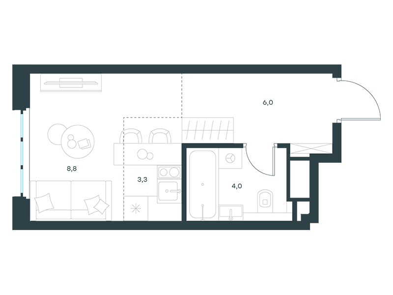 Планировка Апартаменты с 1 спальней 22.1 м2 в ЖК Level Южнопортовая