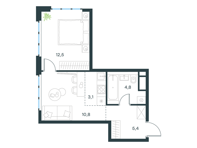 Апартаменты с 1 спальней 36.6 м2 в ЖК Level Южнопортовая